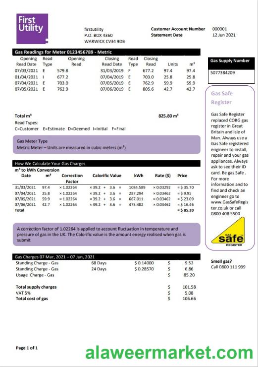 United Kingdom Warwick First Utility bill template in Word and PDF format